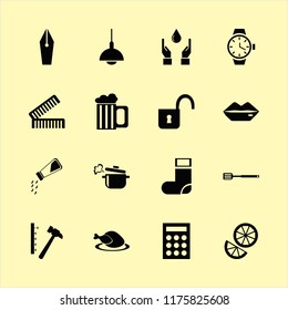 closeup vector icons set. with boiled pan, spatula, lips and beer glass in set