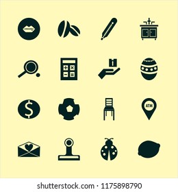 closeup vector icons set. with hand parcel, dollar coin, lemon and football ball in set