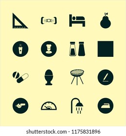 closeup vector icons set. with ruler, egg cup, pear and whistle in set