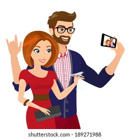 Close-up vector illustration of cheery handsome man and woman in red dress are taking a selfie of themselves. Young cartoon people using mobile phone for selfie publishing in social networks.