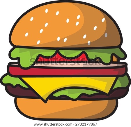 A close-up vector illustration of a delicious, freshly made hamburger with all the fixings, perfect for food-related content and designs