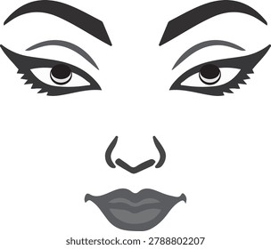 A close-up vector illustration focusing on the expressive eyes, eyebrows, and lips of a woman with bold makeup.Stylized Illustration of a Woman's Intense Eyes and Lips with Dramatic Makeup