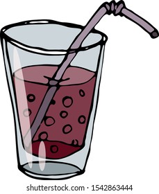 Close-up vector illustration of a glass with lemonade. Hand-drawn pink drink with straw, vector illustration
