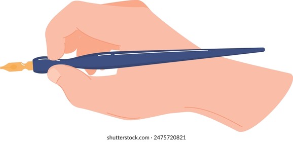 Closeup vector illustration hand holding blue fountain pen ready write. Graphic style hand pen drawing isolated white background. Creative concept writing, authorship, stationery