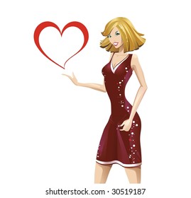 Ilustración vectorial cerrada de una joven feliz sonriendo aislada con corazón en fondo blanco