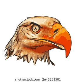 Ilustração vetorial em close-up da cabeça de uma águia com expressão intensa e cores arrojadas.