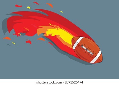 Close-up vector illustration of a rugby ball flying at high speed behind it with a fiery tail on a gray background. Sport equipment