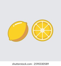 
Close-up vector illustration showing two ripe lemons. The lemon on the left looks intact with bright yellow skin and little texture.