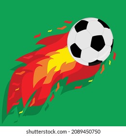 Close-up vector illustration of a soccer ball  flies at high speed behind it with a fiery tail on a green background. Sport equipment