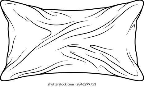 Close-up vector illustration of a soft rectangular pillow with realistic fabric wrinkles and folds, black and white minimalist line art for interior design and home decor concepts.
