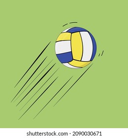 Ilustración vectorial de un voleibol que vuela a alta velocidad sobre un fondo verde. Equipo deportivo