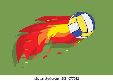 Close-up vector illustration of a volleyball ball flying at high speed behind it with a fiery tail on a  green background. Sport equipment