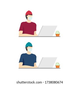 Closeup Vector Image of Man Working with Laptop on the Table. Simple Flat Design Illustration. Man Wearing Face Mask . Work from Home during Quarantine Time. 