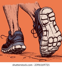 Closeup vector of two feet walking and doing physical activity. Vector of soles wearing sneakers jogging