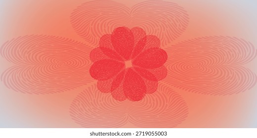 Un primer plano de una flor abstracta de color rojo vibrante con pétalos en capas, colocados contra un gradiente suave, naranja cálido y rosa.