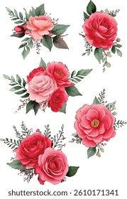 Close-up of vibrant red and pink roses surrounded by delicate leaves. A romantic floral bouquet with various pink and red roses and soft greenery. Elegant watercolor-style floral composition 