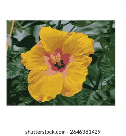 Close-up of a vibrant yellow hibiscus flower with dew drops, set against a backdrop of lush green foliage.