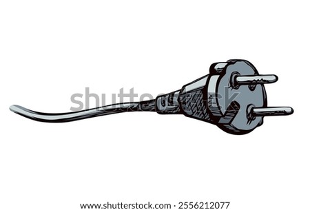 Closeup view 2 ac watt  portable plastic wattage hardware set white wall. Black pen outline hand drawn network rosette element app off logo pictogram doodle line pencil cartoon art style text space