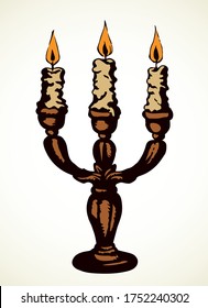 Closeup view 3 large stick wax blaze lit melt drop shape object. Paper text space. Outline dark black ink hand drawn big warm hope logo emblem pictogram design. Historic art doodle engrave print style