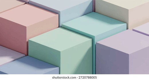 A close-up view of an abstract arrangement of pastel-colored cubes, creating a visually appealing geometric pattern with varying heights and soft shadows.