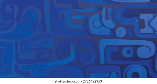 Uma visão de perto de um fundo azul abstrato com um arranjo complexo de padrões estilizados e formas, criando uma textura visualmente envolvente.