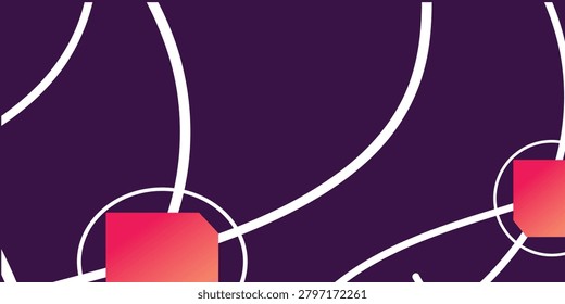 A close-up view of abstract geometric shapes with a gradient of red and orange, interconnected by white curved lines on a dark purple background.
