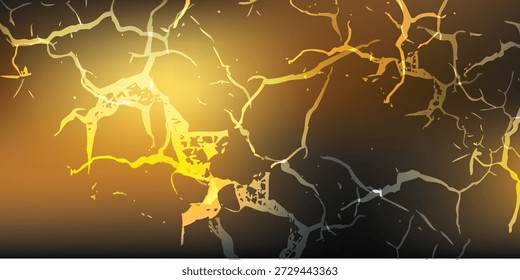 Una vista de cerca de grietas abstractas doradas como rayos que se extienden a través de una superficie oscura y texturizada, creando una imagen dramática y energética.