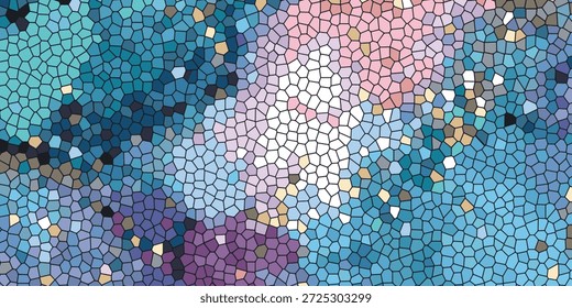 Eine Nahaufnahme eines abstrakten Mosaikmusters mit unregelmäßigen Tessellationen in Ton-, Lila-, Rosa- und Goldtönen.