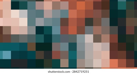 A close-up view of an abstract pixelated pattern featuring a dynamic interplay of teal, orange, and brown hues, forming a contemporary mosaic.