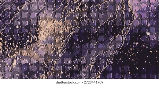 Eine Nahaufnahme einer abstrakten strukturierten Oberfläche mit wirbelnden Mustern in Violett- und Goldtönen mit verstreuten weißen Flecken.