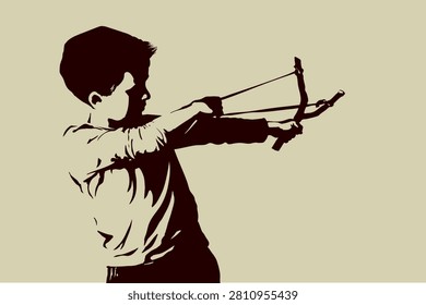 Closeup view active bad rough old retro vintage young teen female school girl wood stick bow gun shot war target rock sport white outdoor sky text space. Black arm drawn small funny angry trouble guy face man hit band hobby leisure symbol art concept