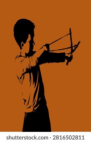 Closeup view active bad rough old retro vintage young teen female school girl wood stick bow gun shot war target rock sport white outdoor sky text space. Black arm drawn small funny angry trouble guy face man hit band hobby leisure symbol art concept