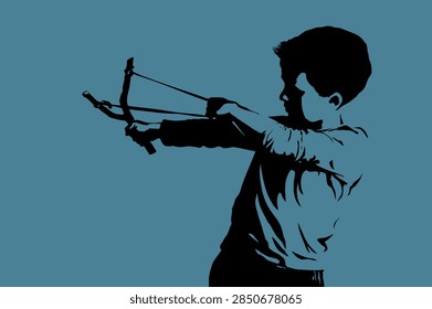 Closeup view active bad rough old retro vintage young teen female school girl wood stick bow gun shot war target rock sport white outdoor sky text space. Black arm drawn small funny angry trouble guy face man hit band hobby leisure symbol art concept