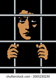 Closeup view adult crazy danger lone culpable sad burglar murder face. Alone despair bad young male offend iron confine inmate help up system icon sign vintage art graphic draw vector dark black space