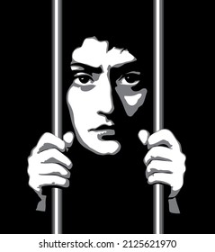 Closeup view adult crazy danger lone culpable sad burglar murder face. Alone despair bad young male offend iron confine inmate help up system icon sign vintage art graphic draw vector dark black space