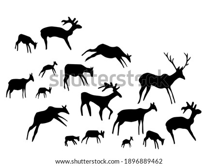 Closeup view age African tribe run goat figure life pictograph set white backdrop. Line dark black ink paint hand drawn grunge flat bison bull nature shape logo design retro past era mural print style