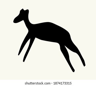 Closeup view age red African tribe run goat figure life pictograph set white backdrop. Line dark black ink paint hand drawn grunge flat bison bull shape logo design. Retro past era mural print style