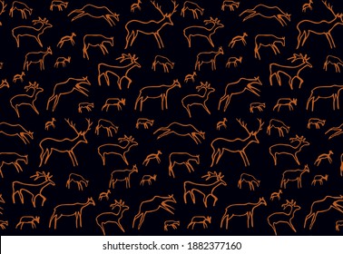 Closeup view age red African tribe run goat figure life pictograph set white backdrop. Line dark ink paint hand drawn grunge flat bison bull wildlife shape logo design retro past era mural print style