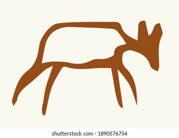 Closeup view age red African tribe run goat figure life pictograph set white backdrop. Line dark black ink paint hand drawn grunge flat bison bull shape logo design. Retro past era mural print style