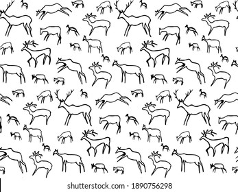 Closeup view age red African tribe run goat figure life pictograph set white backdrop. Line dark black ink paint hand drawn grunge flat bison bull shape logo design. Retro past era mural print style