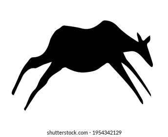 Closeup view age red African tribe run goat figure life pictograph set white backdrop. Line dark black ink paint hand drawn grunge flat bison bull shape logo design. Retro past era mural print style