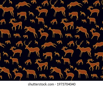 Closeup view age red African tribe run goat figure life pictograph set white backdrop. Line dark black ink paint hand drawn grunge flat bison bull shape logo design. Retro past era mural print style