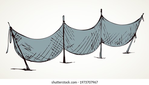 Closeup view ancient cord string grid cage tie knot seine object element. White sky text space. Black hand drawn network lake aquatic hunt catcher scene logo sign icon design. Retro art doodle style