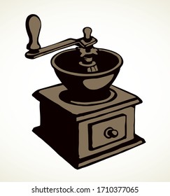 Closeup view ancient home wood pure pot utensil. White paper text space. Outline dark brown ink pen drawn morning roast mocha metal device object logo pictogram design. Cartoon art doodle line style