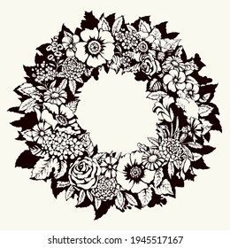 Closeup view beauty abstract rustic slav folk rose herb bunch element set white paper card text space backdrop. Elegant color hand drawn gift logo emblem design retro cartoon art doodle print style