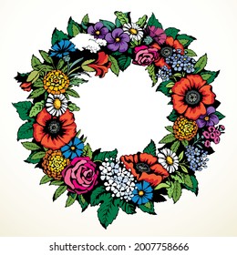 Closeup view beauty abstract rustic slav folk rose herb bunch element set white paper card text space backdrop. Elegant color hand drawn gift logo emblem design retro cartoon art doodle print style