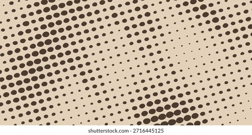 Vista de cerca de un fondo beige con un patrón de puntos semitonos marrón oscuro, creando un efecto de degradado de puntos densos a dispersos.