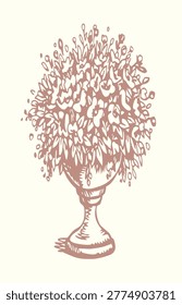 Closeup view big classic elegant fresh old palace wild growth bright green herbal bunch healthy eco grass light marble urn white sky scene text space. Black ink line hand drawn close up rural herb bud hang retro art print style logo sign icon decor