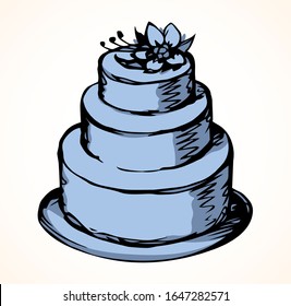 Closeup view big cute 3 bridal cacao ice tasty flavor tart whip mousse. Floral orchid ornament decor on light text space. Outline black ink hand drawn greet bake eat logo in art doodle contour style