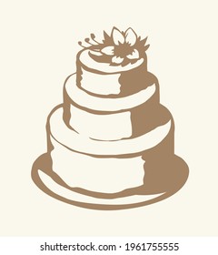 Closeup view big cute 3 bridal cacao ice tasty flavor tart whip mousse. Floral orchid ornament decor on light text space. Outline black ink hand drawn greet bake eat logo in art doodle contour style